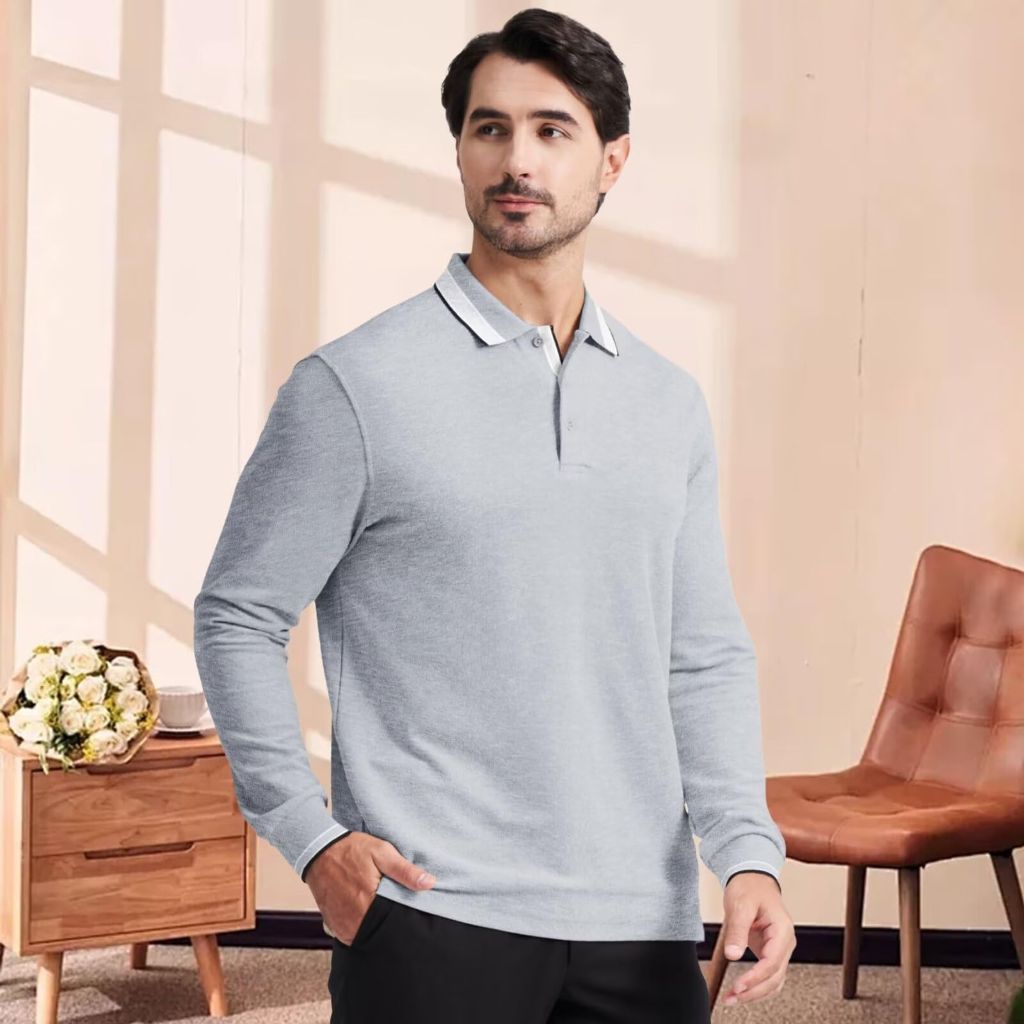 Men's Long Sleeve Polo Shirts with Tipped Collar, 3XL, Light Grey