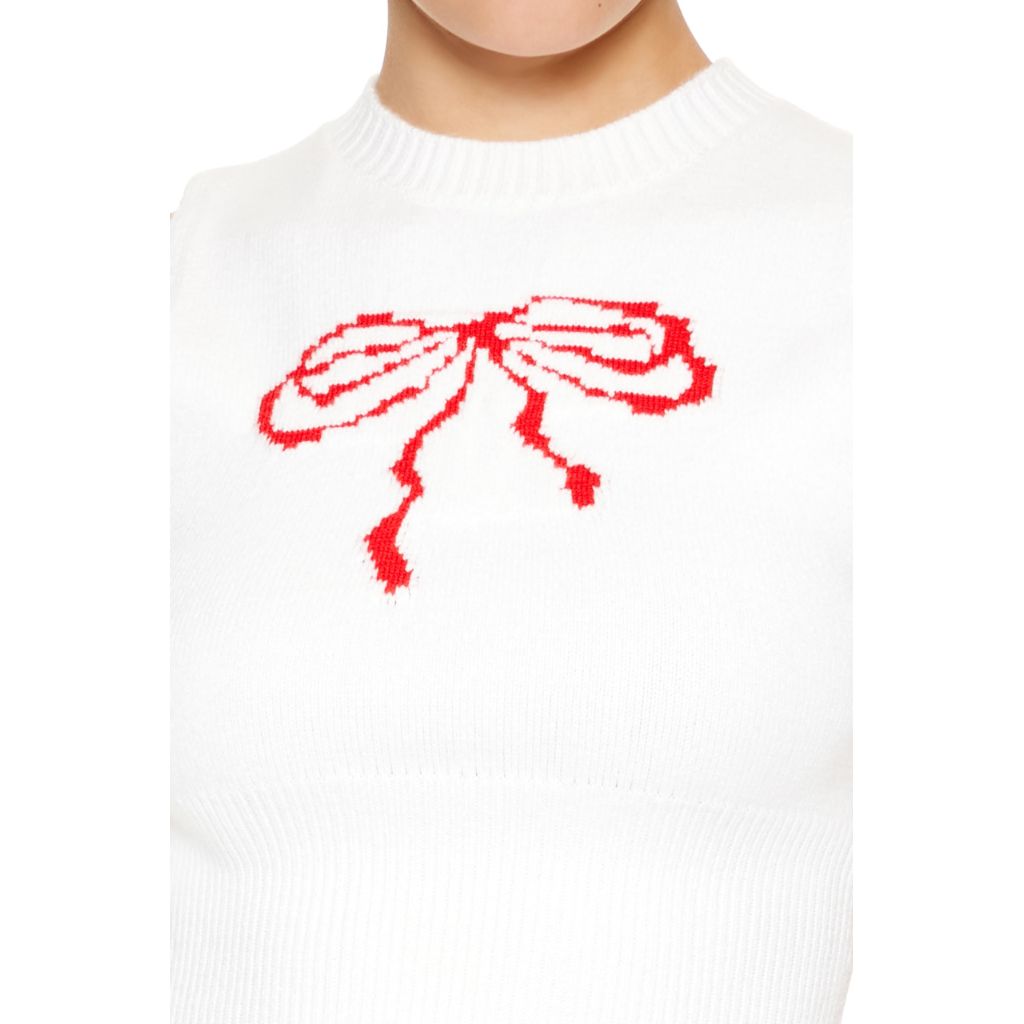 Forever 21 Women's Sweater-Knit Bow Crop Top White/Red Medium