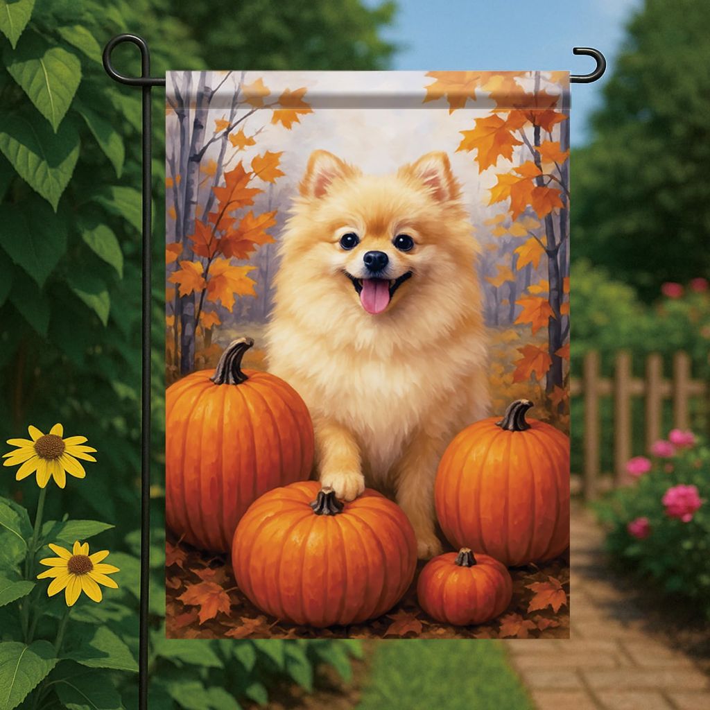 Starlit Patio Thanksgiving Fall Garden Flag Pomeranian Dog Flag 12x18 Inch Double-Sided Pumpkin Forest Yard Banner