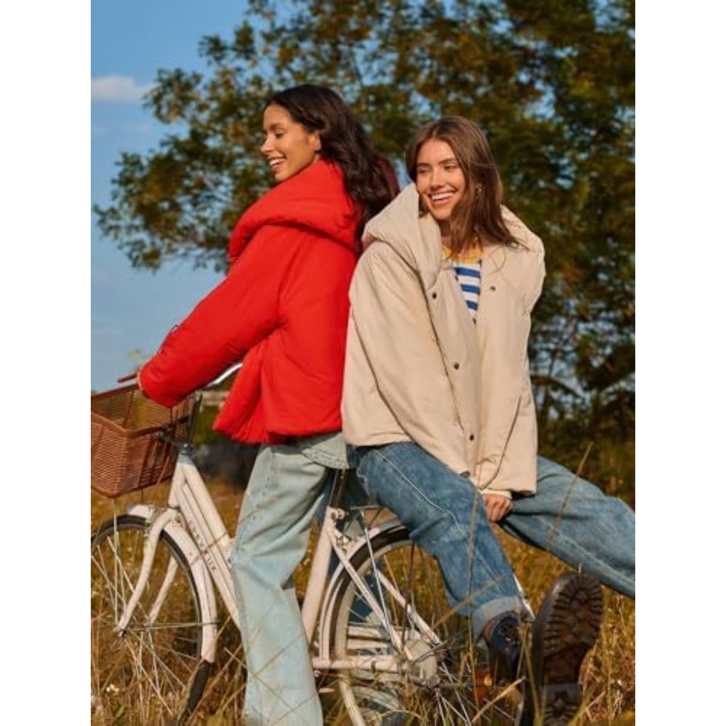 Tankaneo Womens Cropped Puffer Coat Hoodies Oversized Lightweight Winter Jacket Warm Long Sleeve Outerwear - M