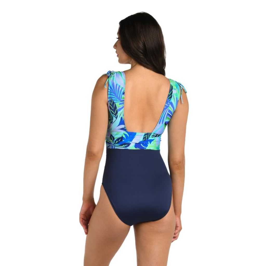 24th & Ocean Women's V-Neck One Piece Swimsuit, Blue//Aegean Tropics, 16
