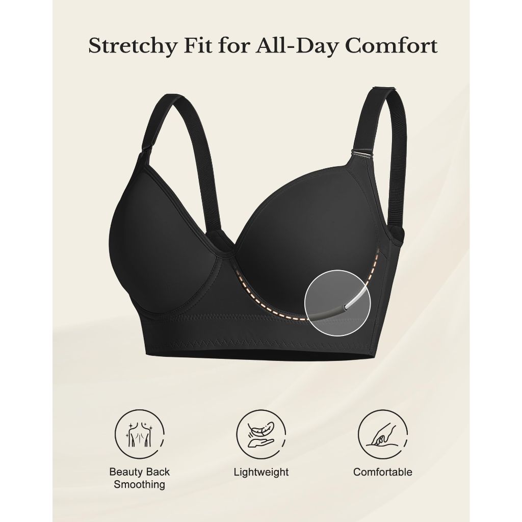 QDN Women's Push Up Bra, Deep V, Black, Medium