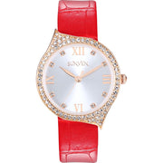 Sunveb Women's Bling Diamond Quartz Wrist Watch, Red Leather Strap, Rose Gold Case