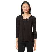 Cable & Gauge Women’s 3/4 Sleeve Boat Neck Top with Metal Ring Detail – Soft Stretch Viscose Knit, Jet Black, M