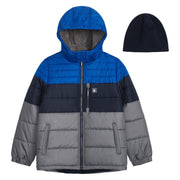 LONDON FOG Baby Boy's Heavyweight Puffer Jacket with Sherpa-Lined Hood & Fleece Beanie, Blue - 12M