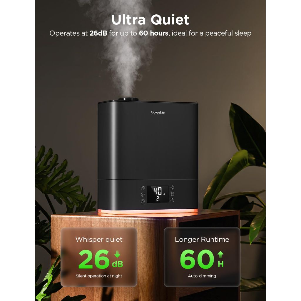 GoveeLife Smart Humidifiers for Bedroom Large Room, Top-Fill Cool Mist 6L- Black