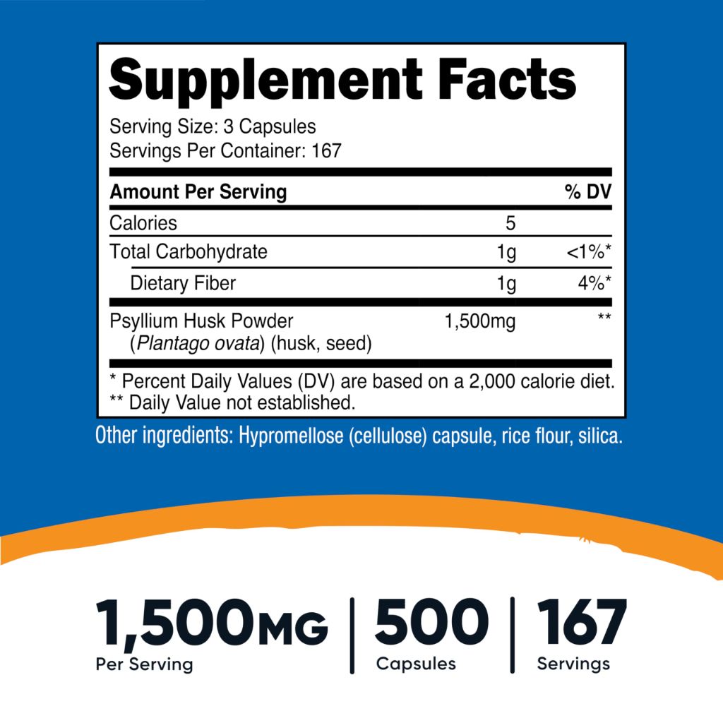 Nutricost Psyllium Husk 1500mg Per Serving, 500 Capsules - Non-GMO & Gluten Free