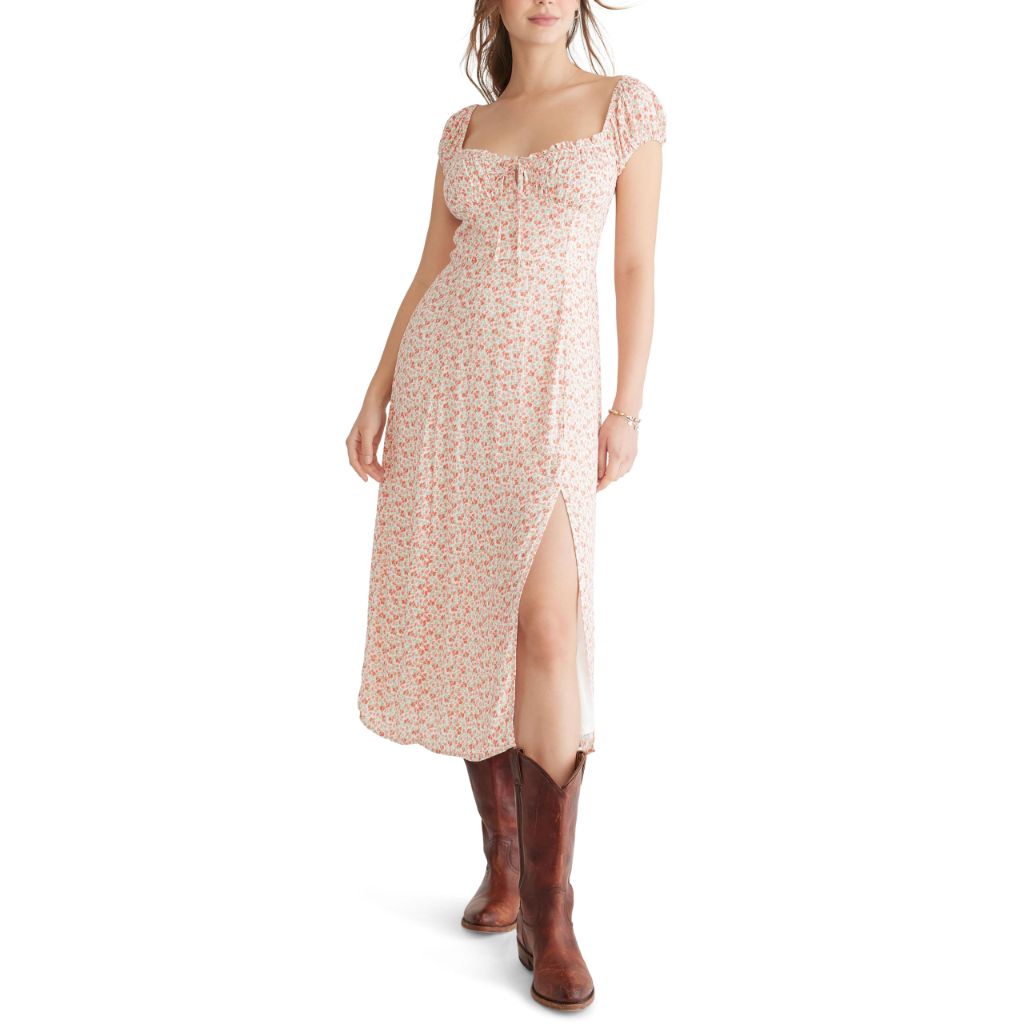 Aéropostale Women's Floral Scoop-Neck Tie-Front Midi Dress, Pearled Ivory, XS