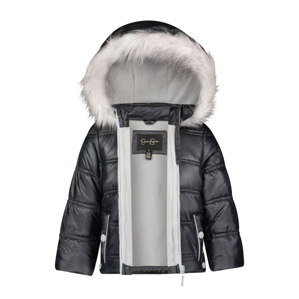 Jessica Simpson Girls' 2-Piece Snowsuit with Snow Bib and Puffer Jacket with Faux Fur Hood, Black, 6X