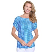 Multiples Women's Short Sleeve Geometric Faux Button Back Blouse - Bright Royal, Large