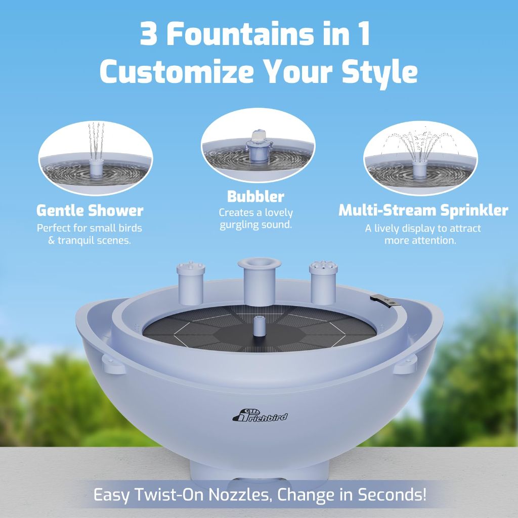 Richbird Solar Bird Bath with Fountain and Battery Backup, 3-in-1 Hanging or Freestanding Birdbath (Sky Blue)