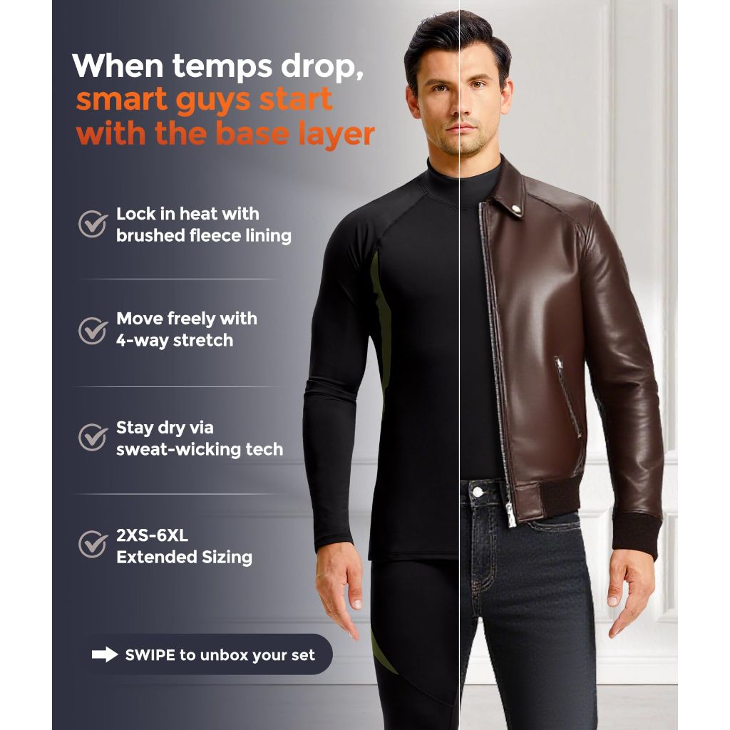 CL Thermal Underwear Long Johns for Men, Large, Black