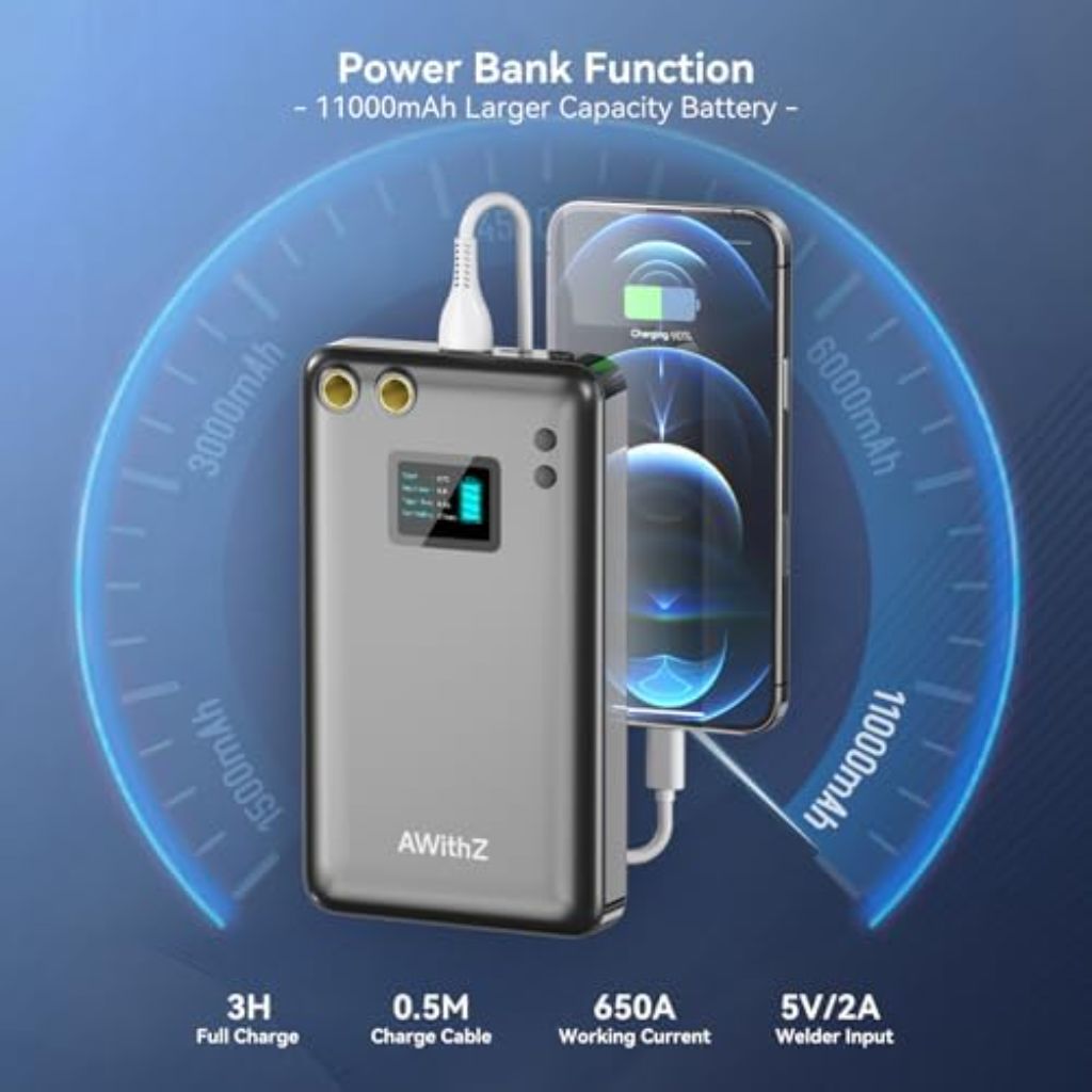 AWithZ Battery Spot Welder, 1.5" LCD Screen, Recyclable 11000mAh, 99 Gears for 18650 Battery