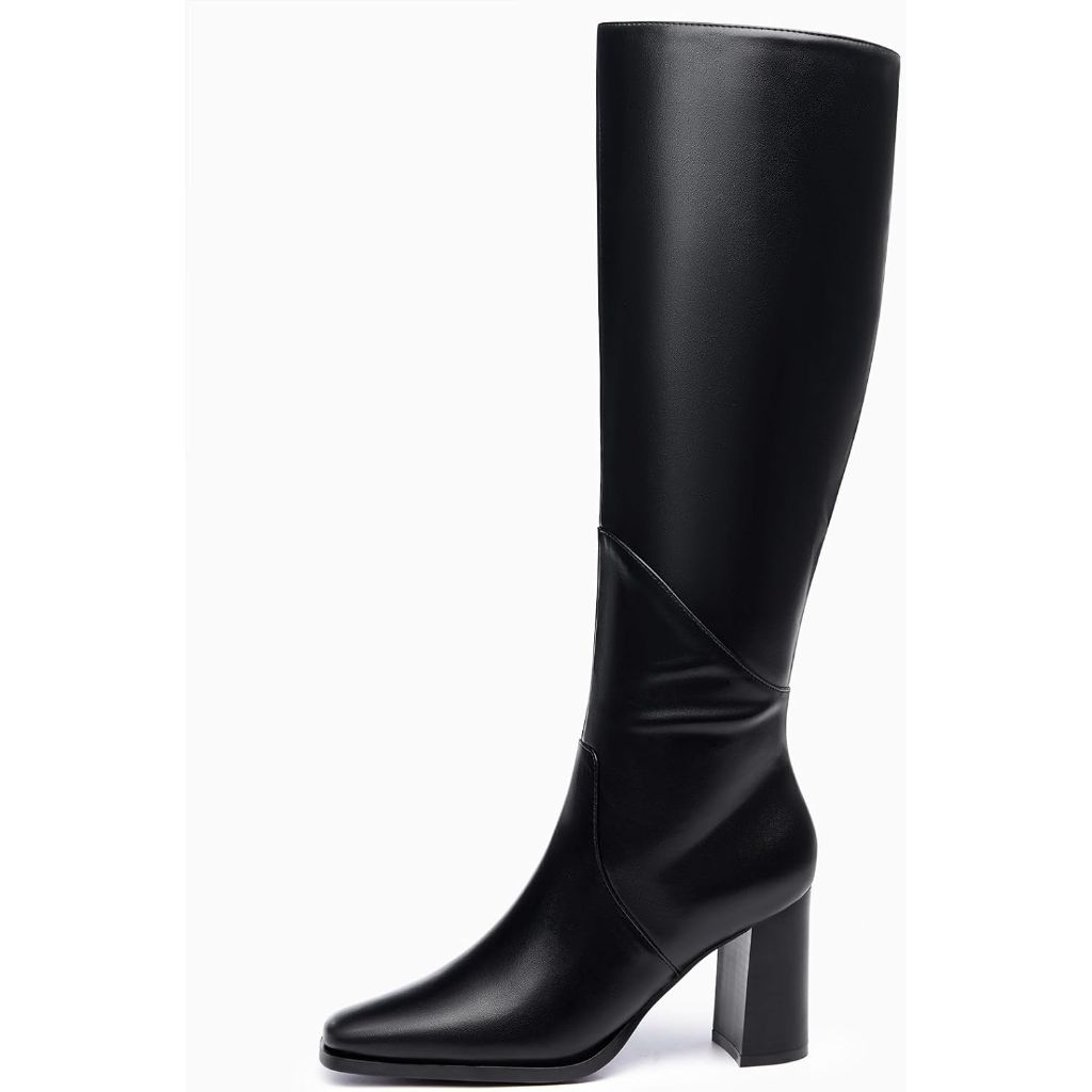 Coutgo Womens Knee High Boots Square Toe Chunky Block Heel Side Zipper Faux Suede Long Boots Fall Winter Shoes