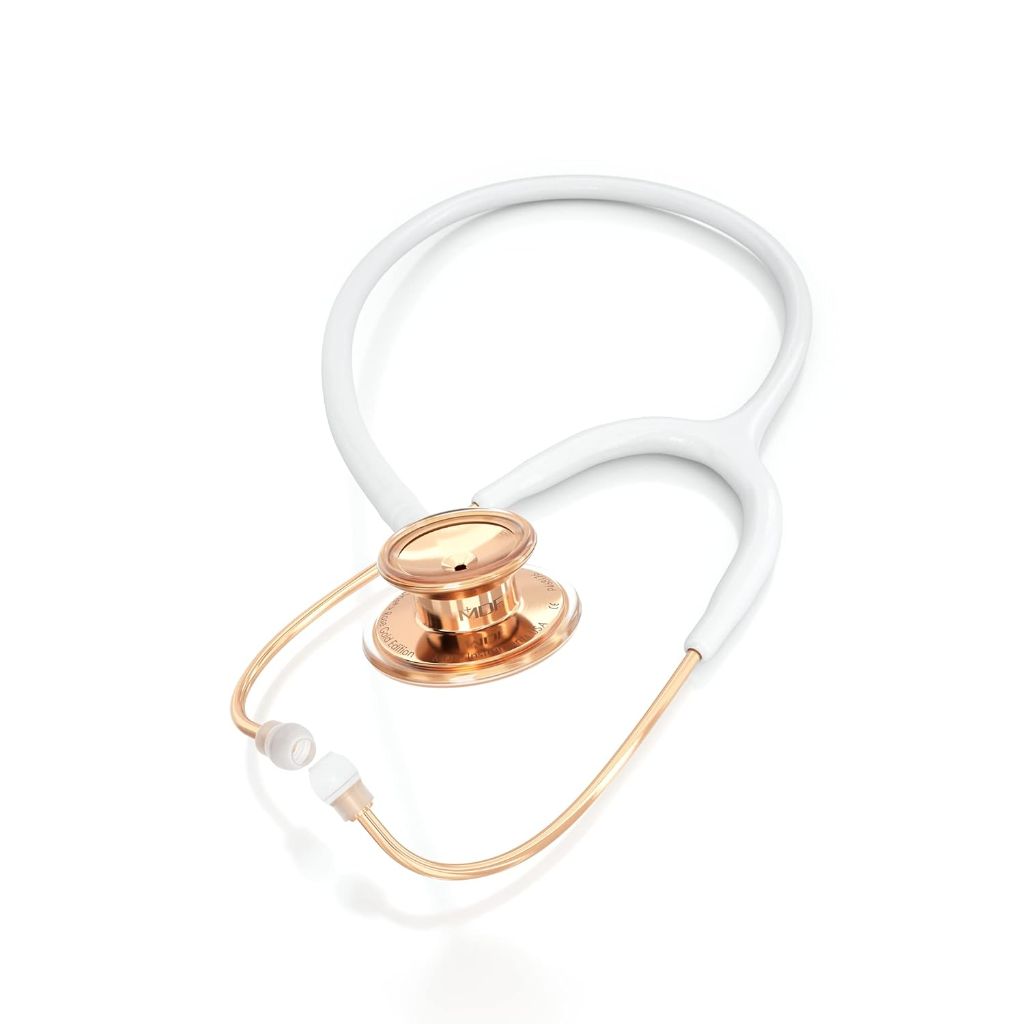 MDF Instruments, RoseGold MD One Stainless Steel Stethoscope, Adult, White Tube, RoseGold Chestpieces-Headset, MDF777RG29