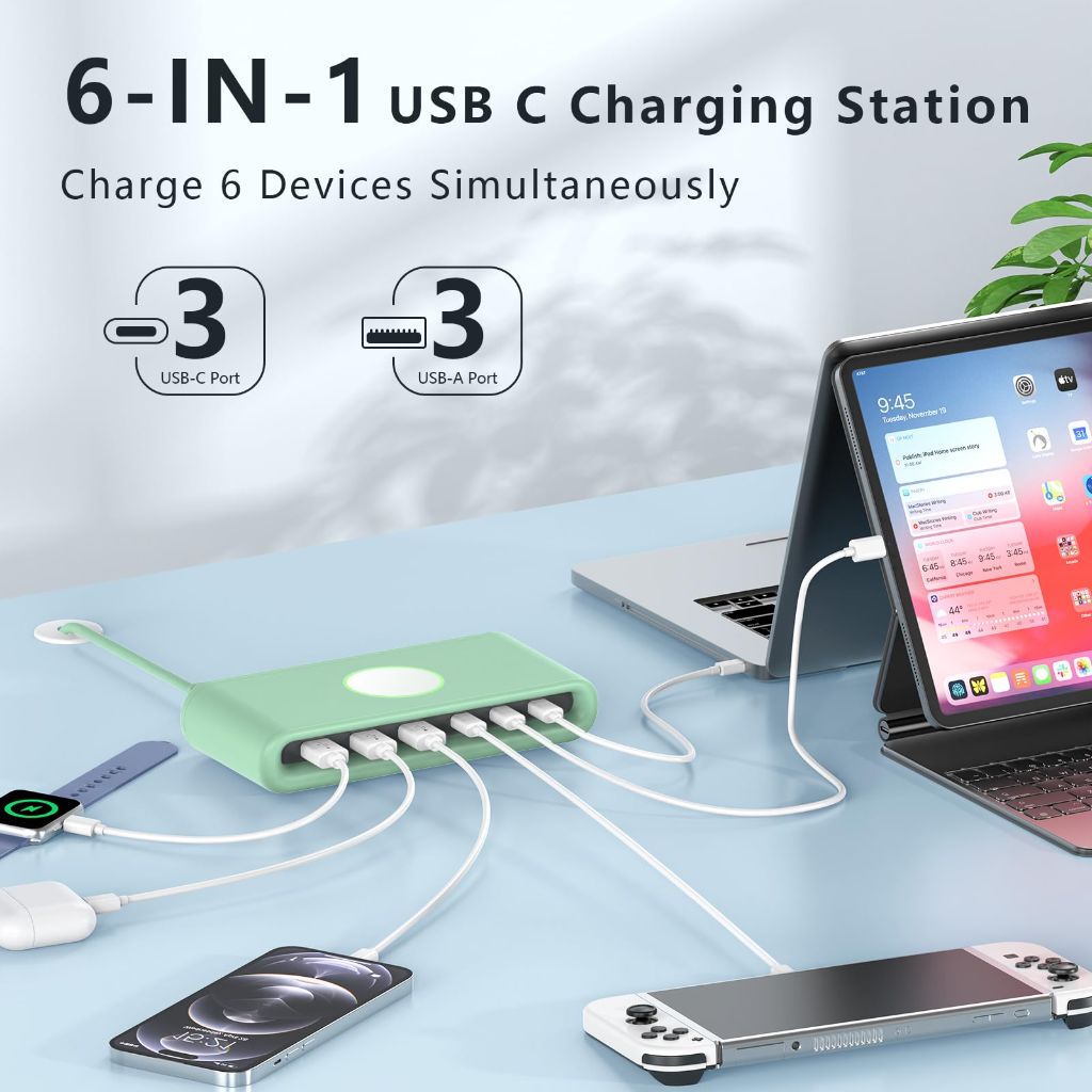 VPSUN 145W USB C Charging Station for Multiple Devices,6 Port USB C Hub Charger, (Green, 145w)
