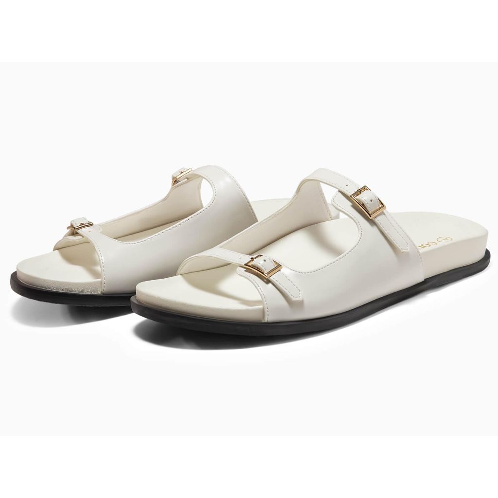 SZ 7.5, Coutgo Women's Flat Sandals, Wide Width Slides Double Strap Adjustable Buckle Slip on Shoes | White