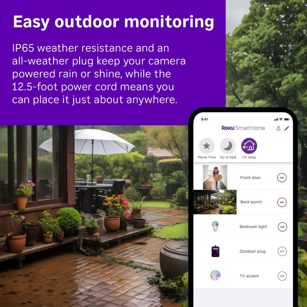 Roku Outdoor Camera - Home Security - IP65 Weather Resistant Wired Security Camera