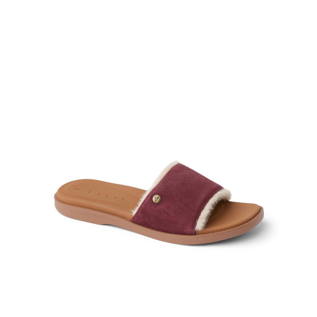 REEF Sunny Arrianah Cozy Womens Slide Sandal, Full Grain Leather, Soft Faux Fur Lined Strap, Cordovan, 9