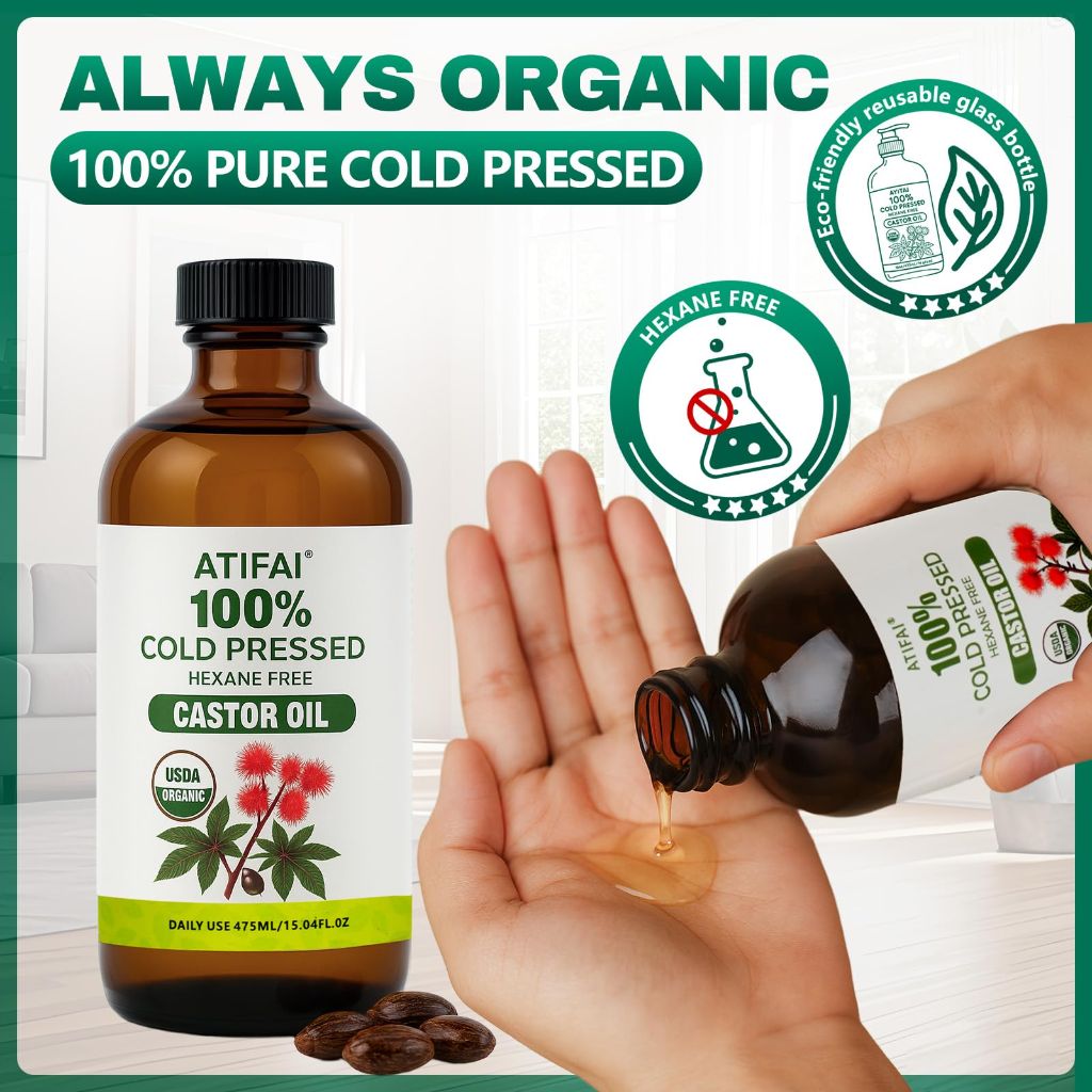 ATIFAI Castor Oil Pack Wrap, Castor Oil Organic Five-Piece Set, 16-Fl. Oz Glass Bottles (16 fl. oz)
