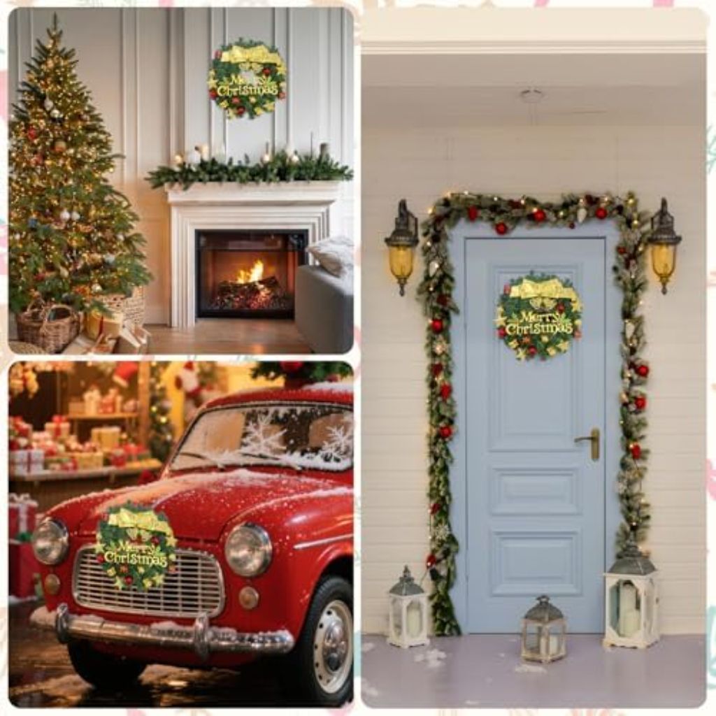 LED Artificial Pine Christmas Wreath with Gold Bow for SUV/Truck Grille