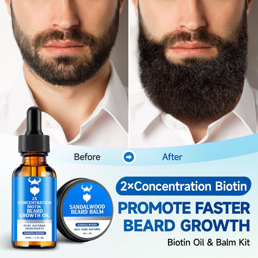 MistySprite - Beard Growth Oil & Beard Balm Kit - 2X Concentration Biotin for Men (Sandalwood)