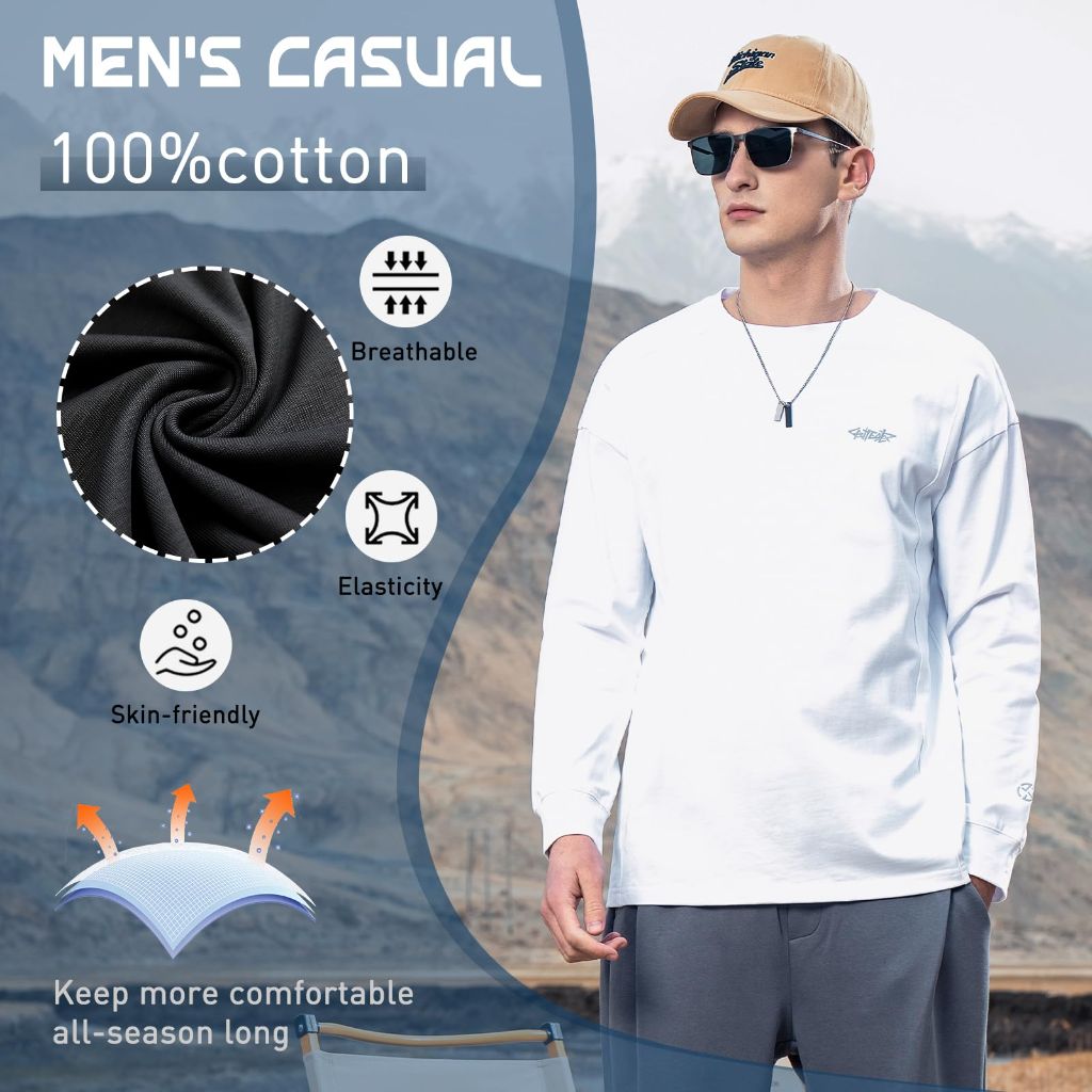 SZ XL, ZVX Heavy-Duty Pure Cotton Casual Long Sleeved T-Shirt for Men's - White
