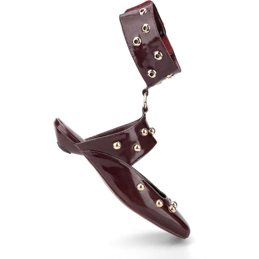 HT Studded Mules Square Toe Kitten Heeled Sandals, Burgundy, SZ 6