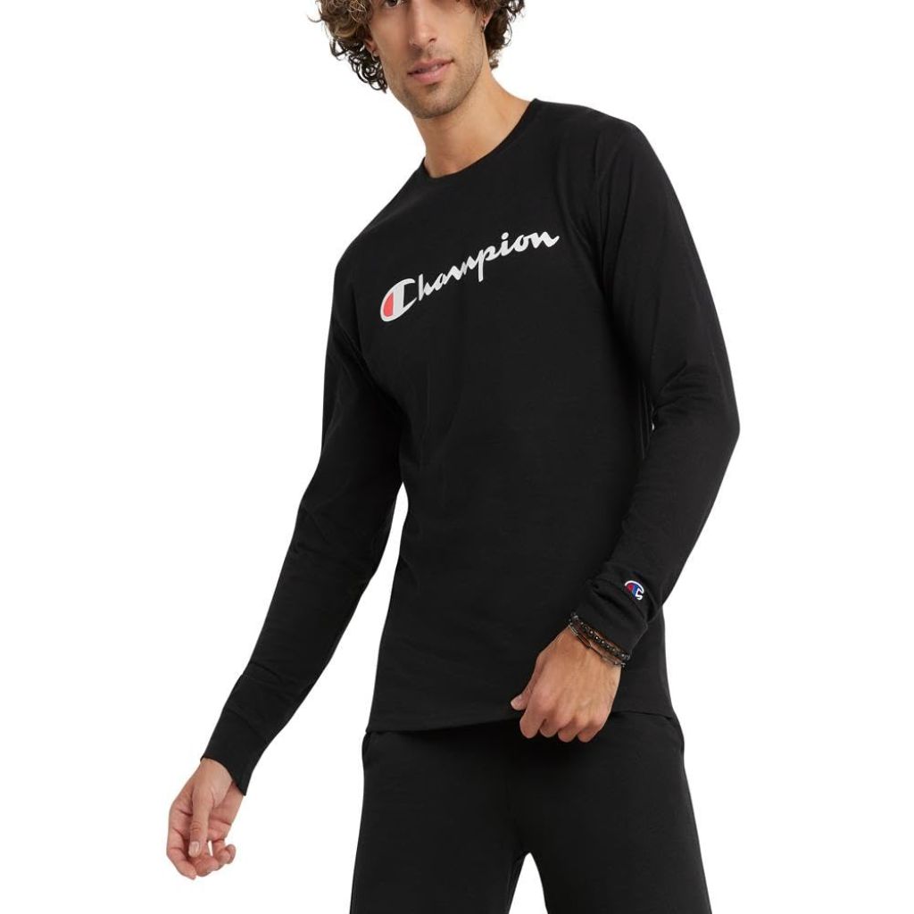 SZ XS, Champion mens Classic Long Sleeve Tee, Screen Print Script T Shirt, Black