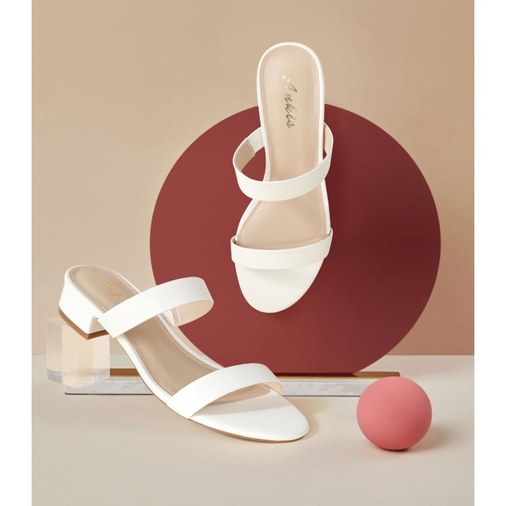 Ankis Women White Heels Sandals - White Sandals 1 Inch Heels for Women Low Chunky Block Heels Comfortable Two Strap Open Toe Flat Sandals Shoe for Dressy Wedding Summer