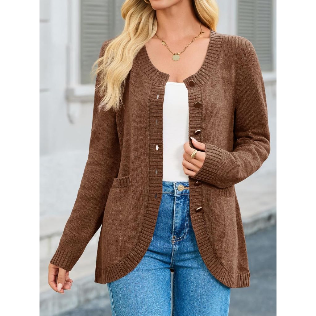 Saodimallsu Womens Button Down Cardigan Sweaters Long Sleeve Crew Neck Knit Casual Loose Sweater Coat with Pockets