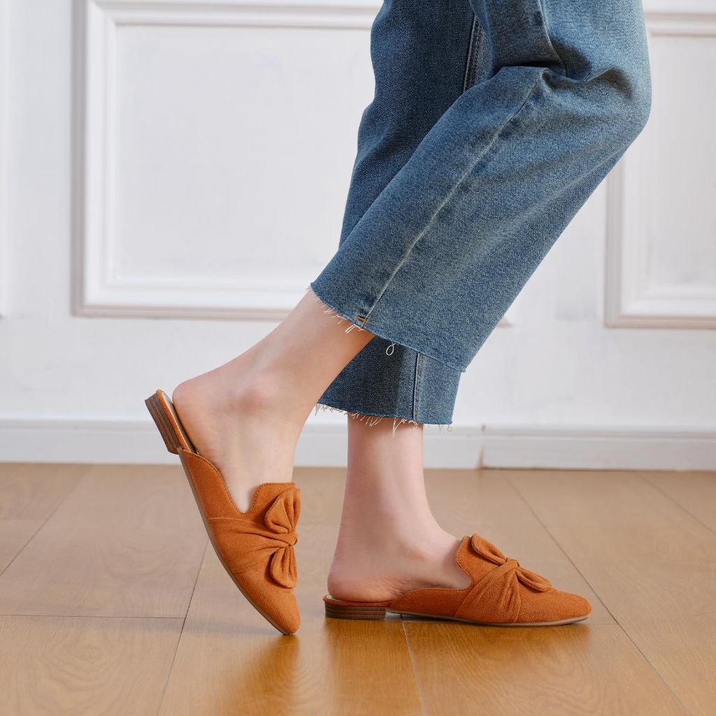 MUSSHOE Suede Bowknot Mules for Women, Tan Suede - size 8.5