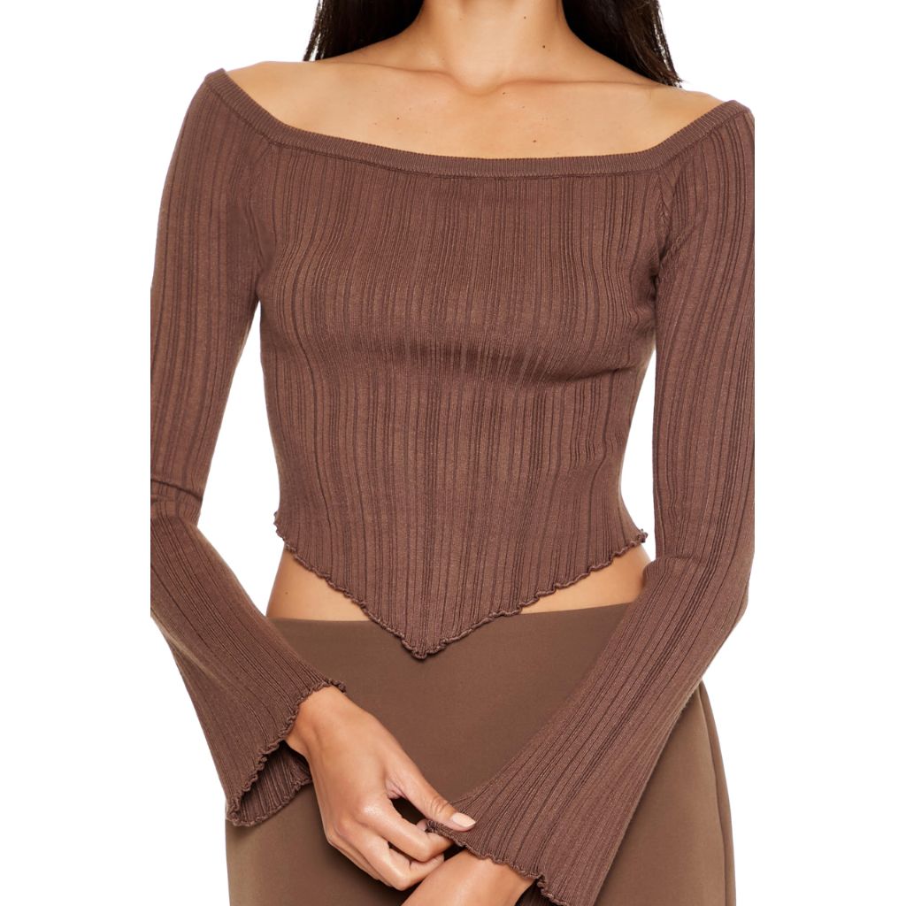 Forever 21 Women's Off-The-Shoulder V-Hem Sweater Espresso Medium  (Brown)