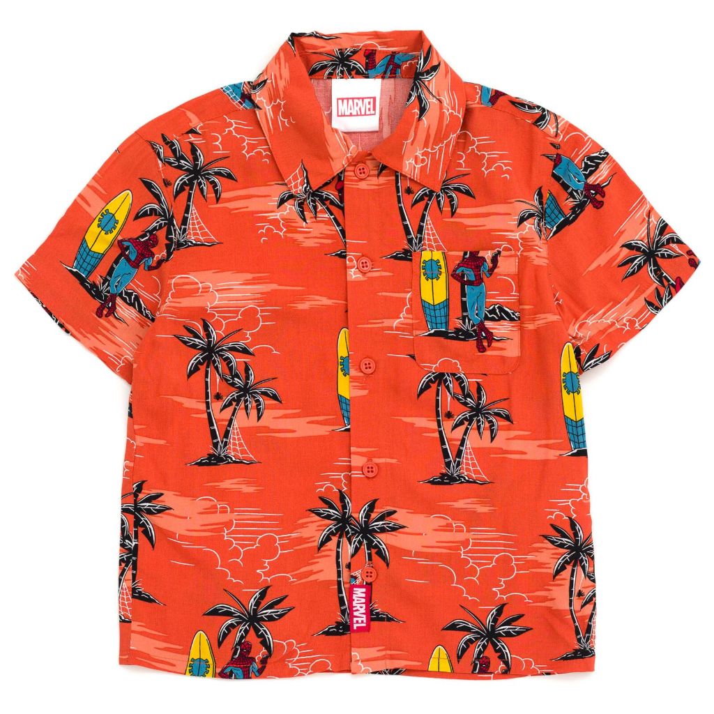 Marvel Spider-Man Toddler Boys' Allover Print Short Sleeve, Button Front Camp Shirt, Apricot, 2T