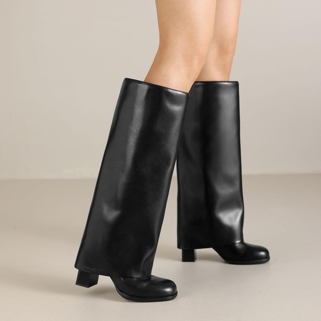 SZ 6.5 Meolee Knee High Boots Women Fold Over | Black Leather
