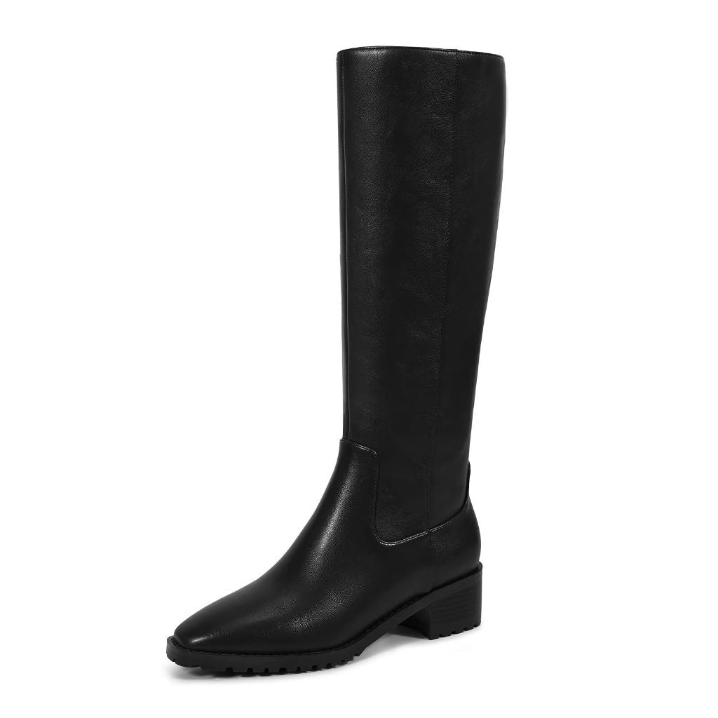 ISNOM Knee High Boots Women Tall Black Boots for Women Square Toe Chunky Block Heel  (6.5)