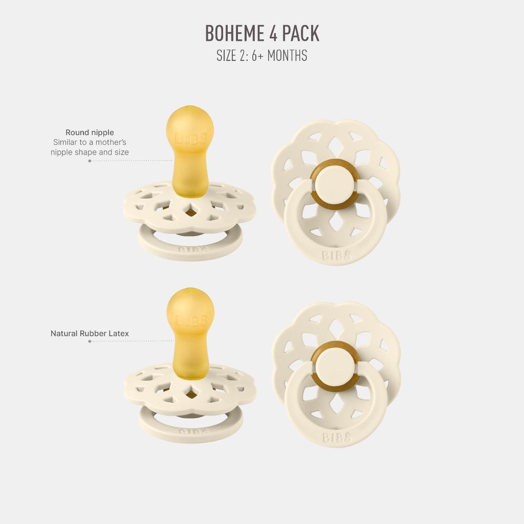 BIBS Boheme Pacifier, Round Nipple, Ivory (4pk) - Size 2 (6-18 Months)