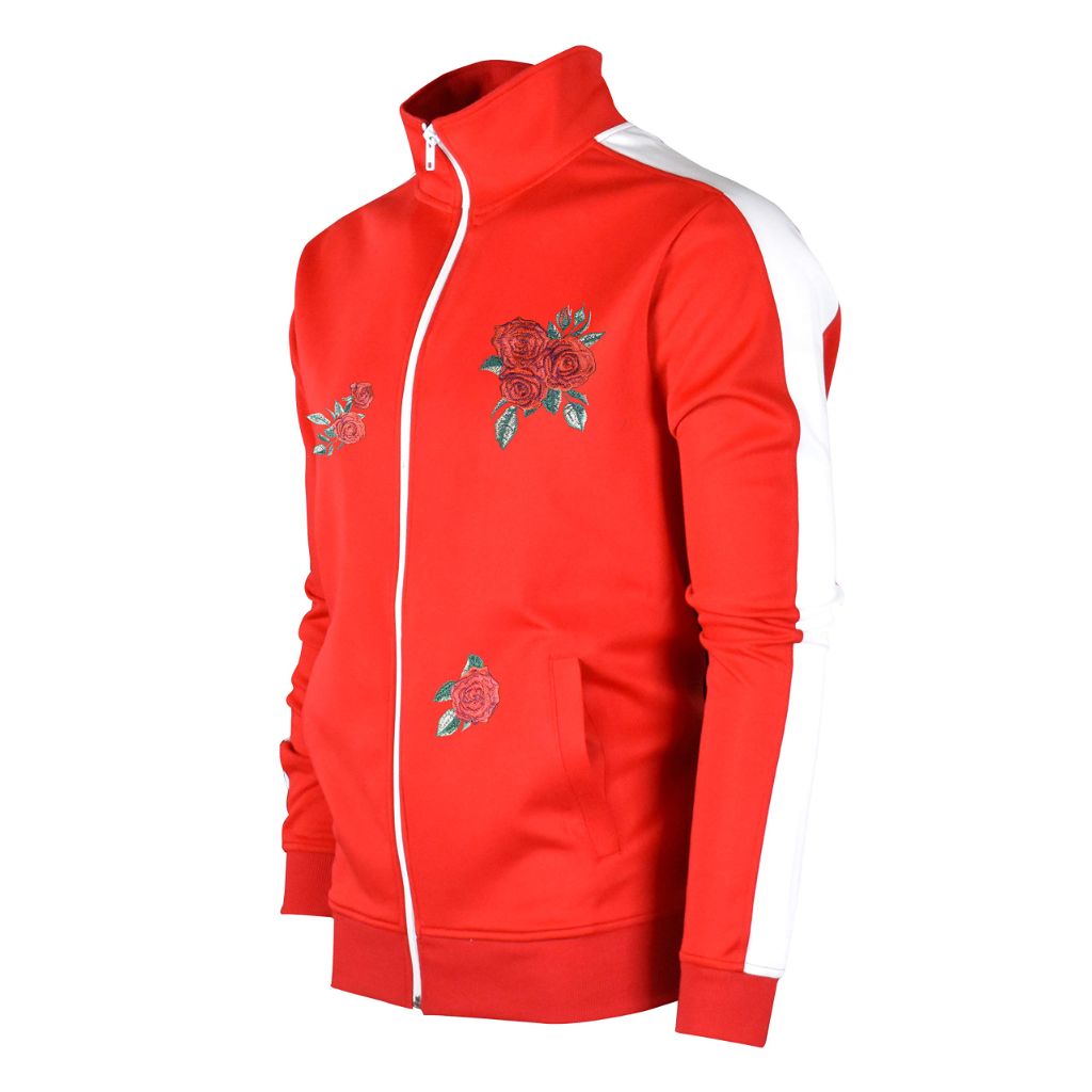 Screenshot Brand Men's Urban Hip Hop Slim Fit Track Jacket with Rose Embroidery - Red, Large