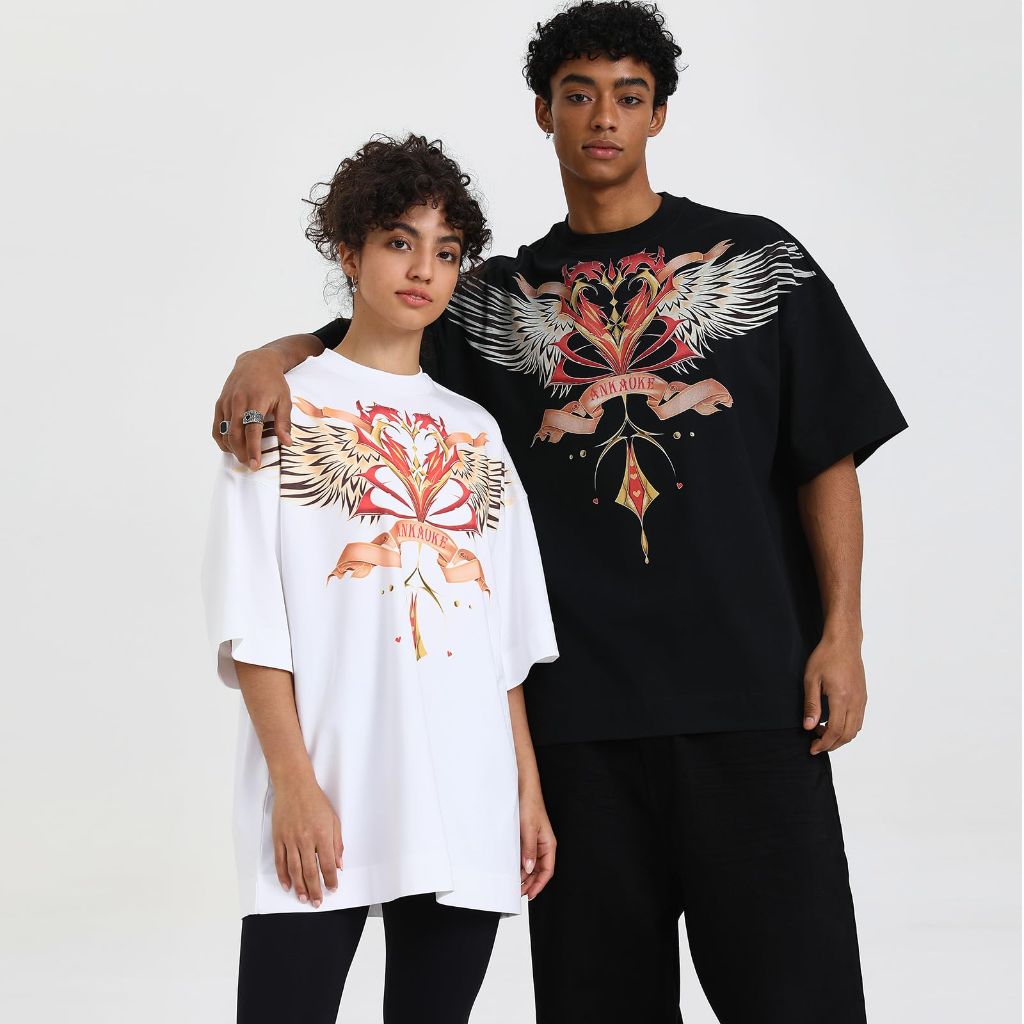 Unisex Oversized Love Wing Half Sleeves Casual Loose Graphic Tee - Black, Medium
