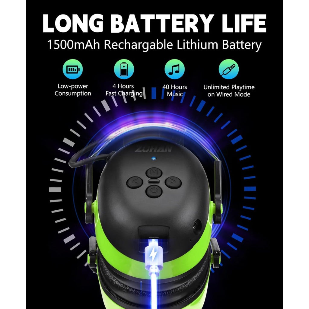 ZOHAN EM037 Bluetooth Hearing Protection Headphones, 30dB SNR Noise Reduction, 1500mAh Rechargeable Battery - Green