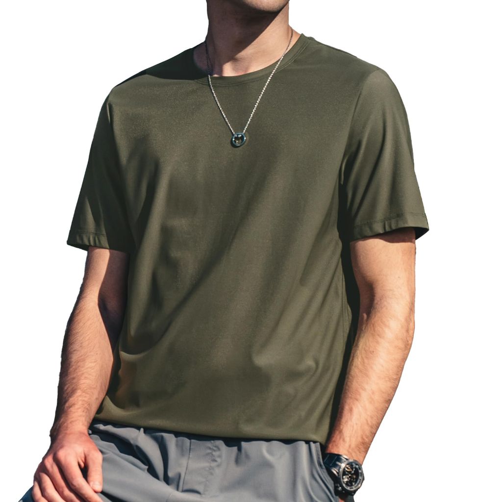 Men's Solid Color Ice Silk Short Sleeved Shirt, Army Green, Medium