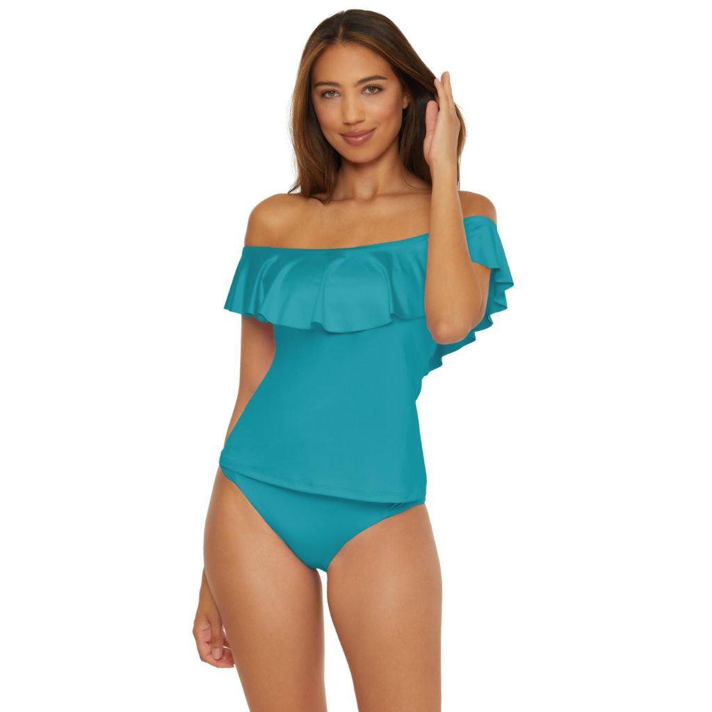 SZ 6, Trina Turk Monaco - Women's Ruffle Tankini, Off Shoulder, Swimsuit Tops for Women, Turkana Teal