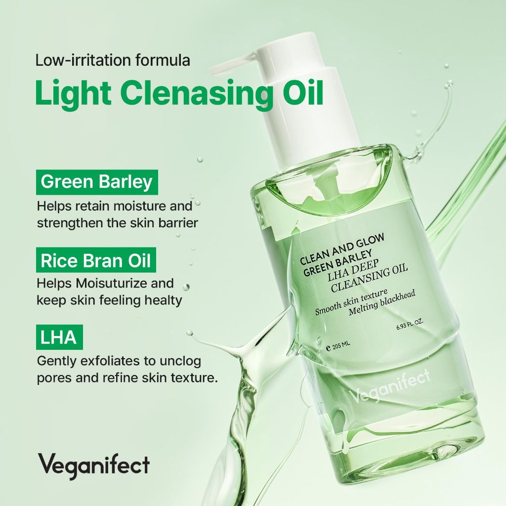 VEGANIFECT Green Barley Light Cleansing Oil, Korean Vegan Skin Care, 6.93 Fl Oz