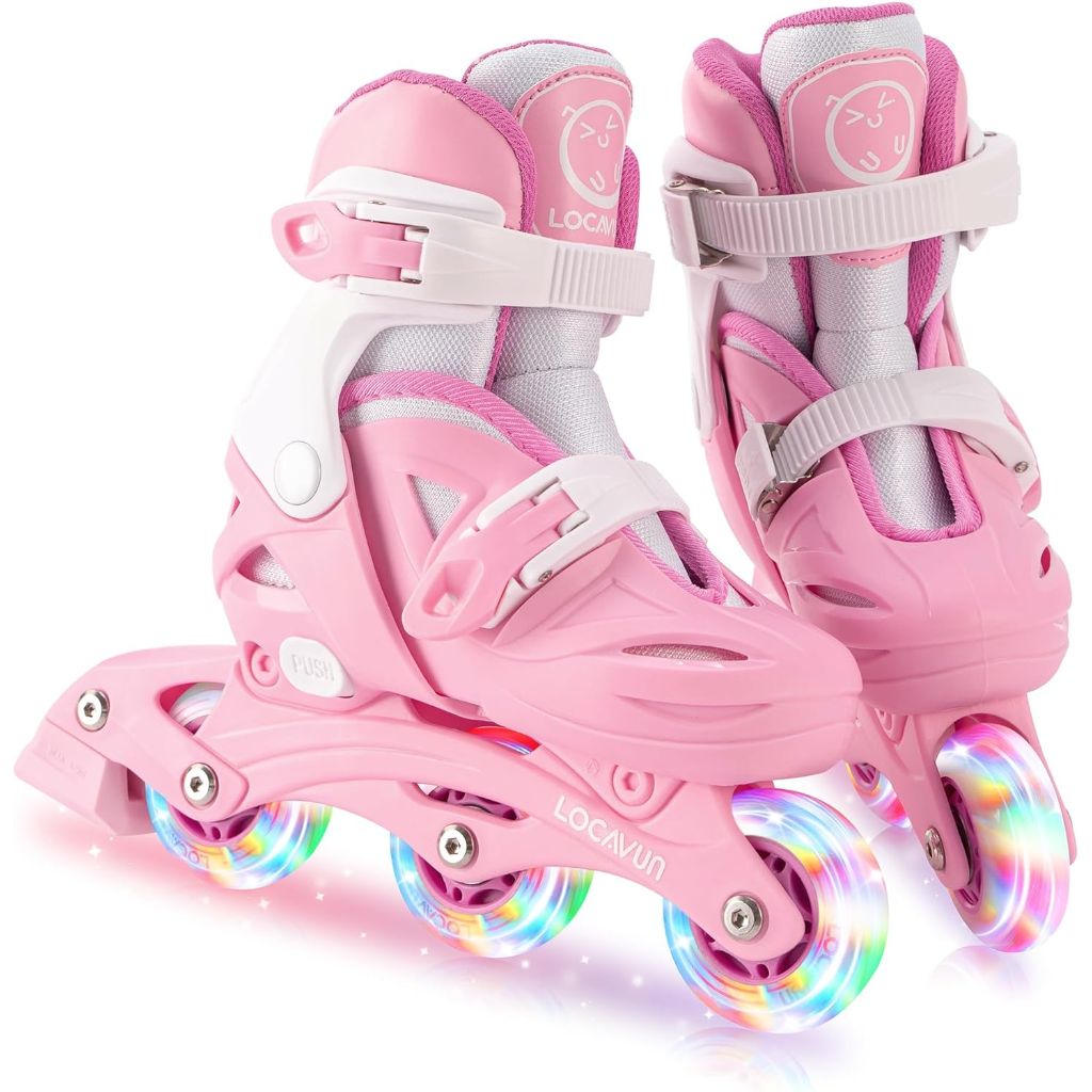 LOCAVUN Girl's Inline Skates with 4 Size Adjustable Light up Wheels - Pink/White, Small (US 9C-12C)