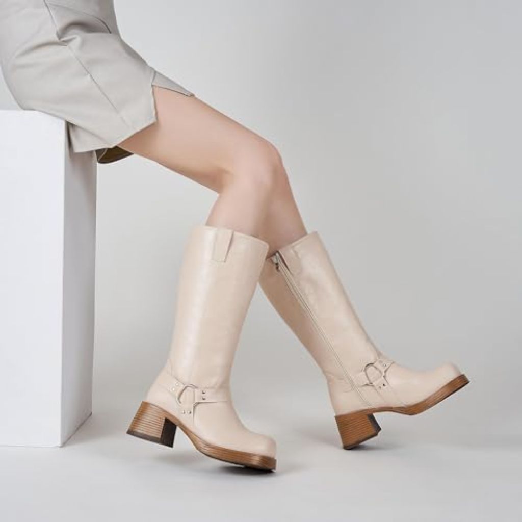 Atbell Shop Mid Calf Boots for Women Chunky Block Heel Riding Boot Square Toe Cream - 7