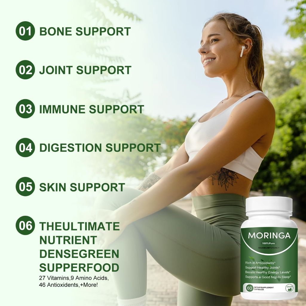 Moringa Capsules,1200mg Pure Moringa Powder Organic Capsules - 60ct