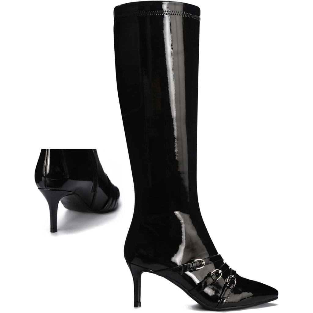 Knee High Boots for Women Strappy Buckles Stiletto Heel Pointed Toe Side Zipper Soft PU Leather Sexy Dress Long Boots and Ankle Booties