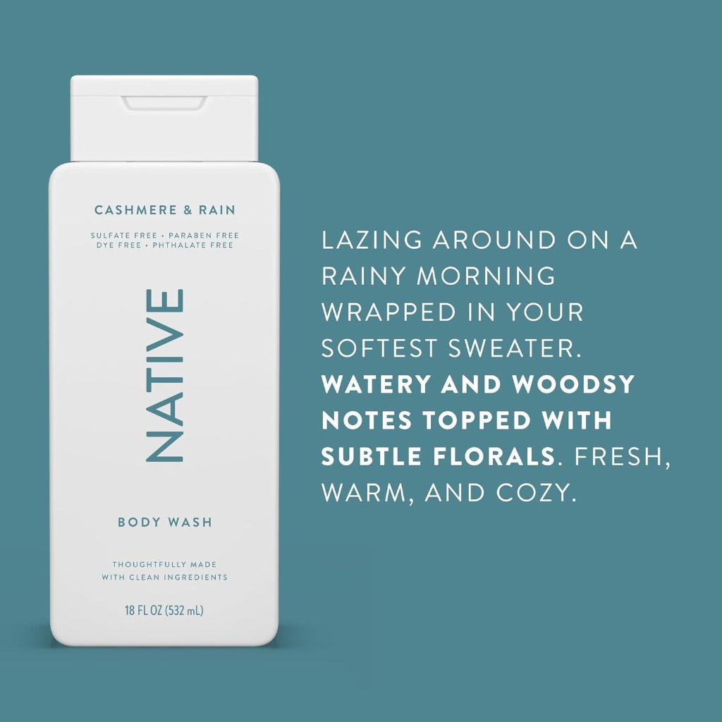 Native Body Wash with Naturally Derived Ingredients Sulfate, Paraben, & Dye Free - Cashmere & Rain 18oz, 2 Pack