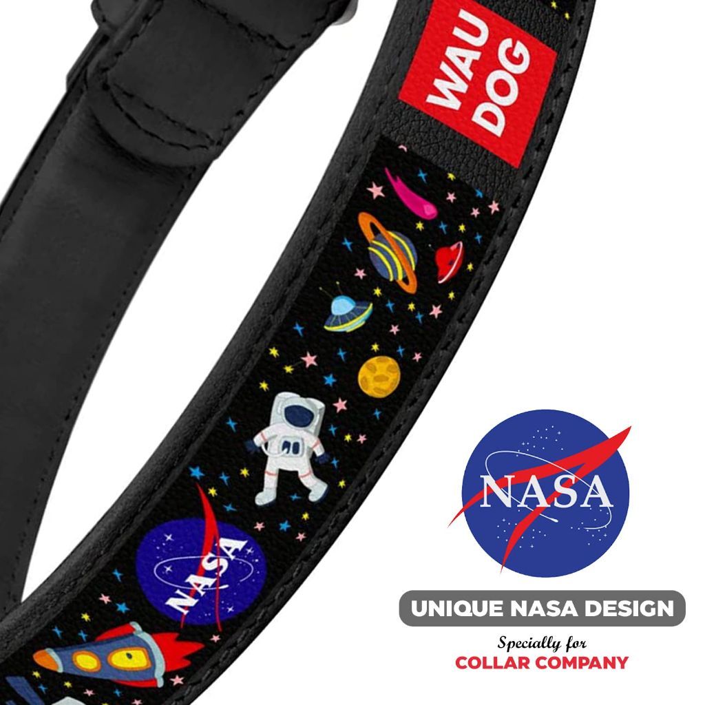 SZ OSFA WAUDOG Leather Dog Collar with NASA Design - Heavy Duty Dog Collars with Durable Metal Buckle and QR Dog Tag