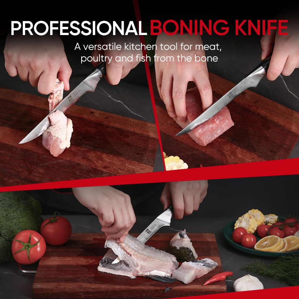 Zennish Boning Knife, 6 Inch,  AUS-10 Steel Core & 67-Layer Damascus Cladding, Full Tang G10 Handle
